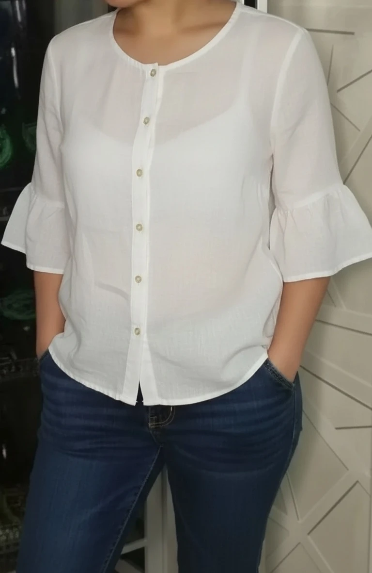TOM TAILOR White Cotton Linen Blouse - Size Medium