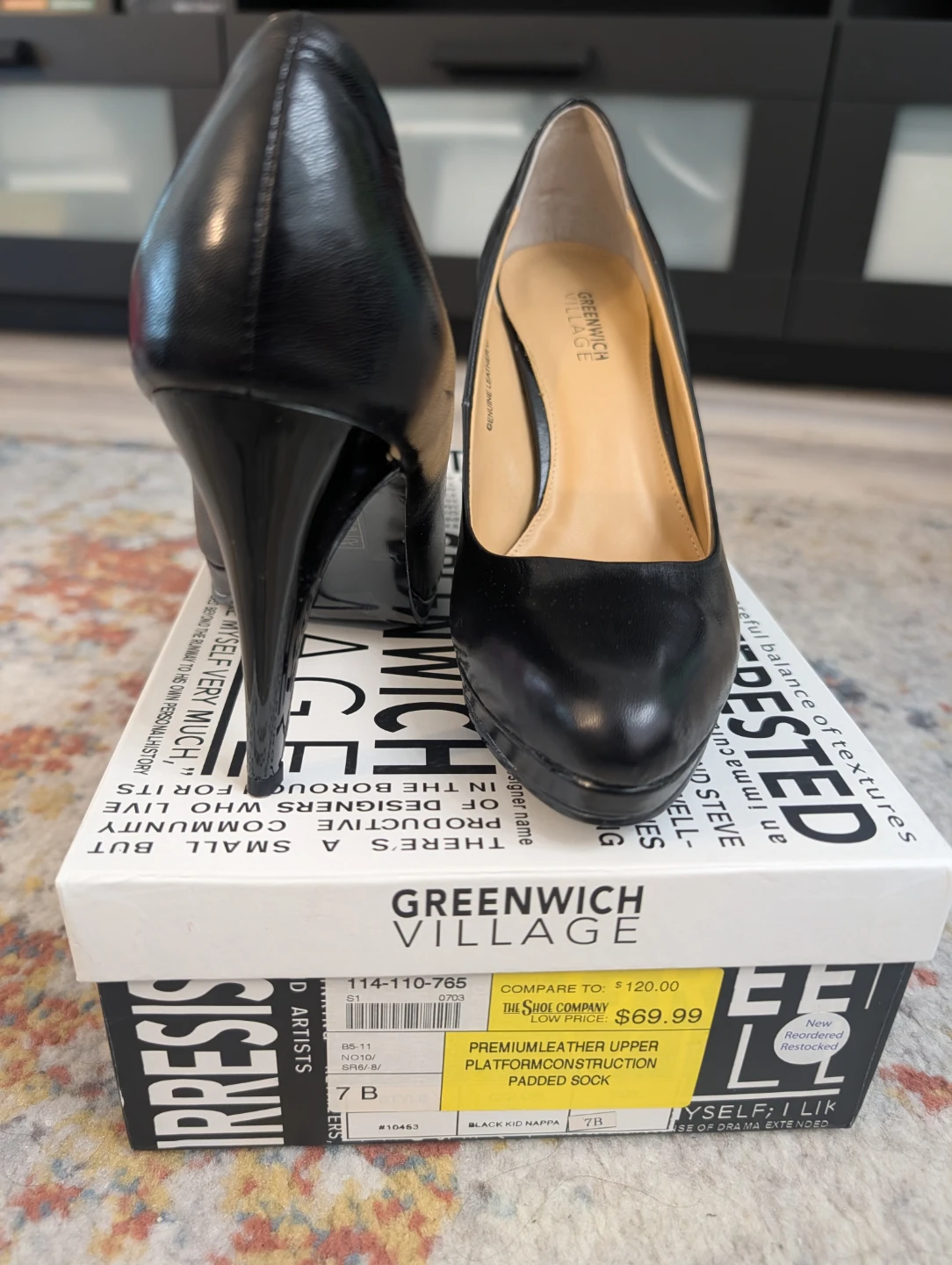 Greenwich Village Black Leather Platform Heels - Size 7 - photo 2