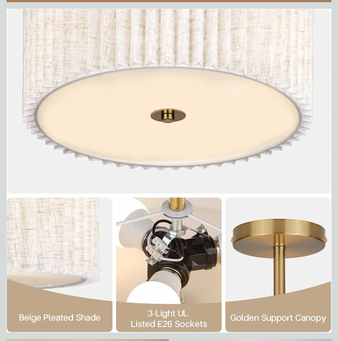 Beige Pleated Shade 3-Light Flush Mount Ceiling Light - photo 2