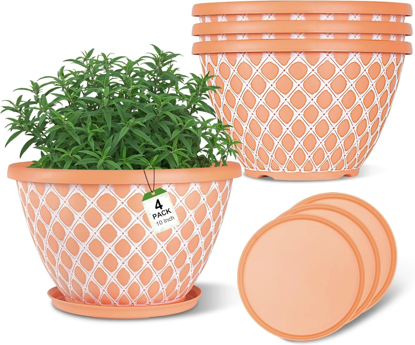 4 Pack 10 inch Plastic Plant Pots with Drip Trays