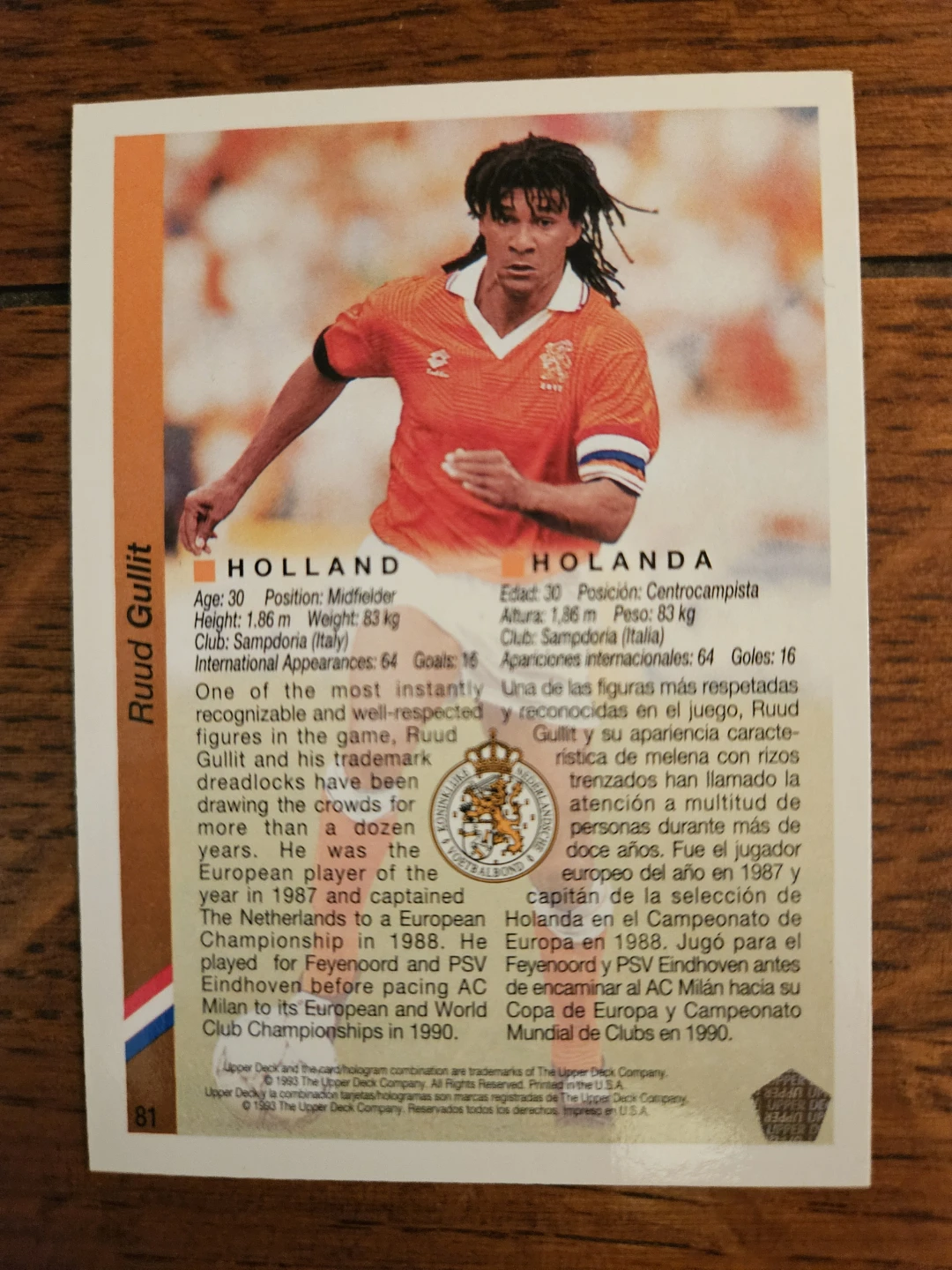 Upper Deck Ruud Gullit 1994 World Cup USA '94 Trading Card - photo 2