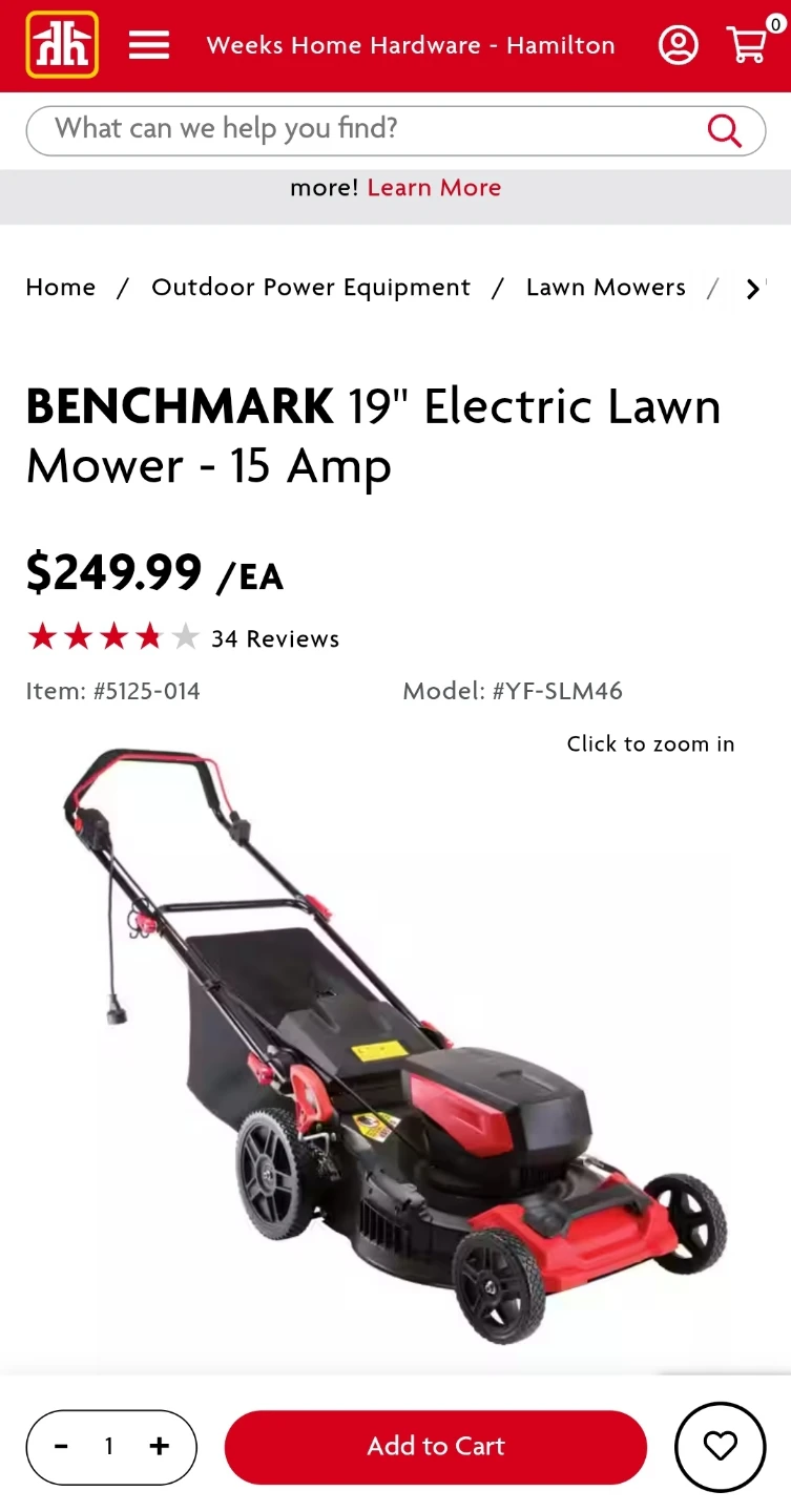BENCHMARK 19" Electric Lawn Mower - 15 Amp