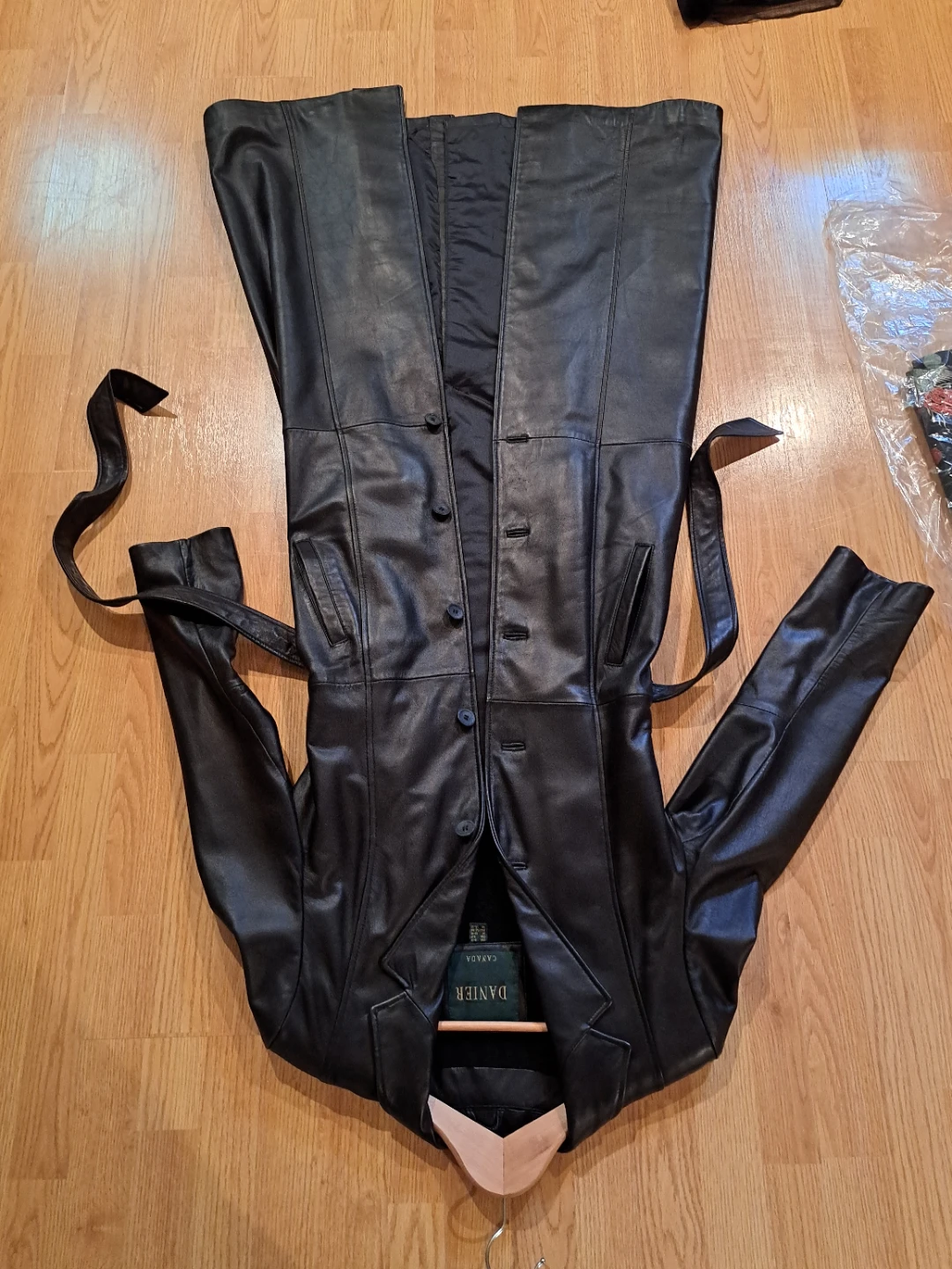 Dianer Black Leather Long Coat with Belt