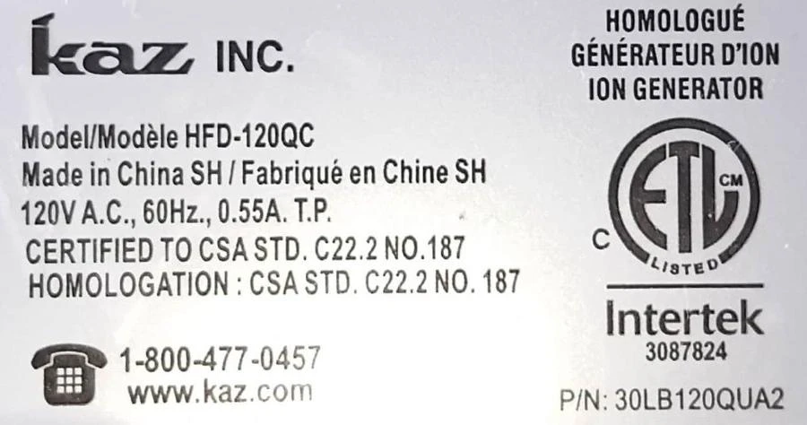 Kaz Inc. Ion Generator Air Purifier HFD-120QC - photo 2