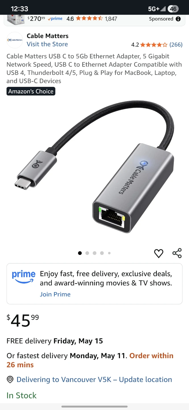 Cable Matters USB C to 5Gb Ethernet Adapter