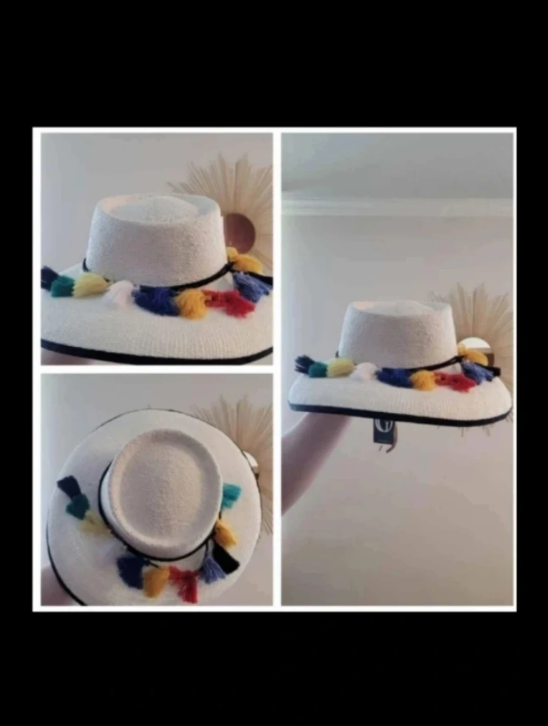 New with tag White sun hat with colourful tassels