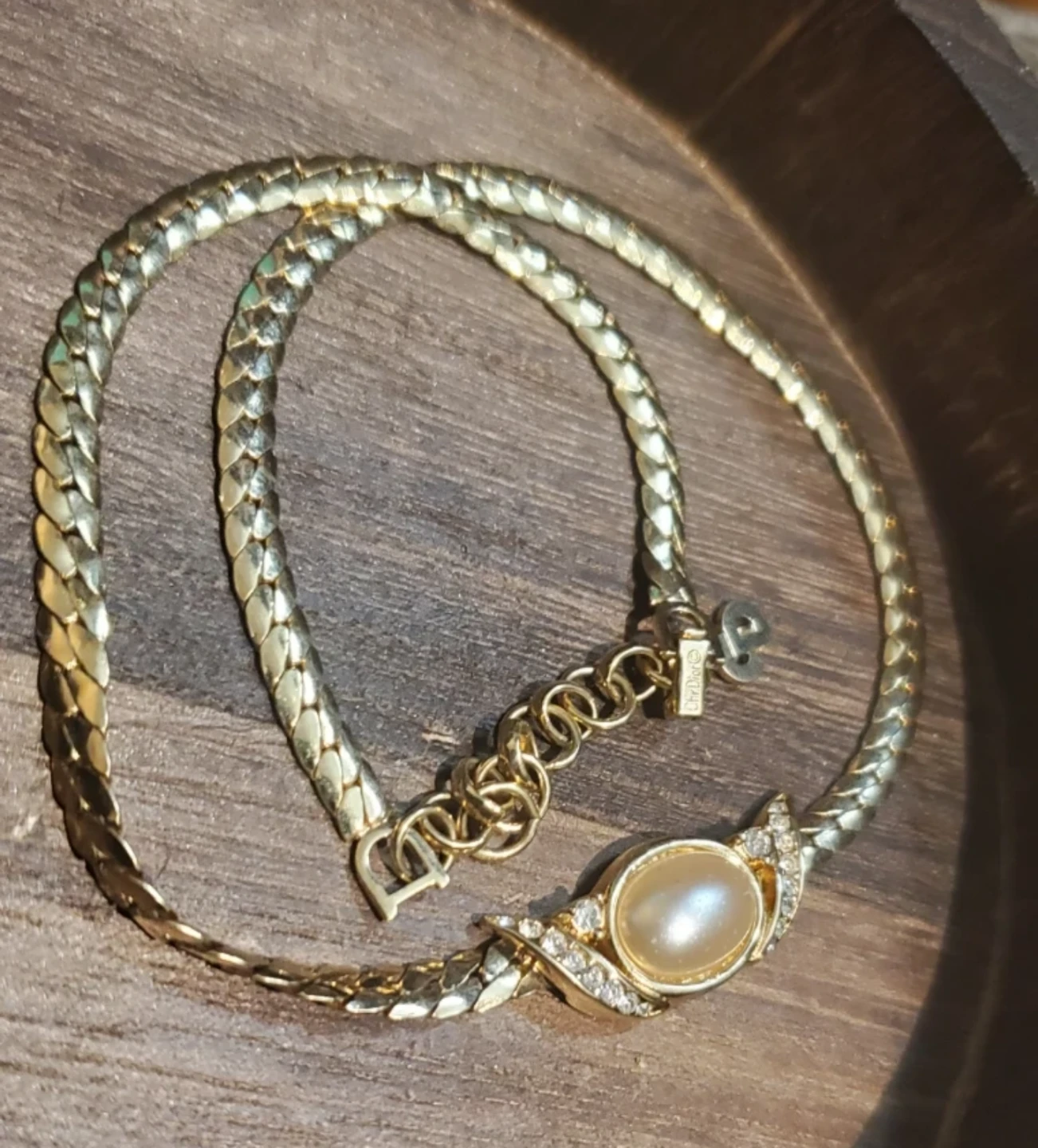 Christian Dior Gold Tone Faux Pearl & Crystal Necklace