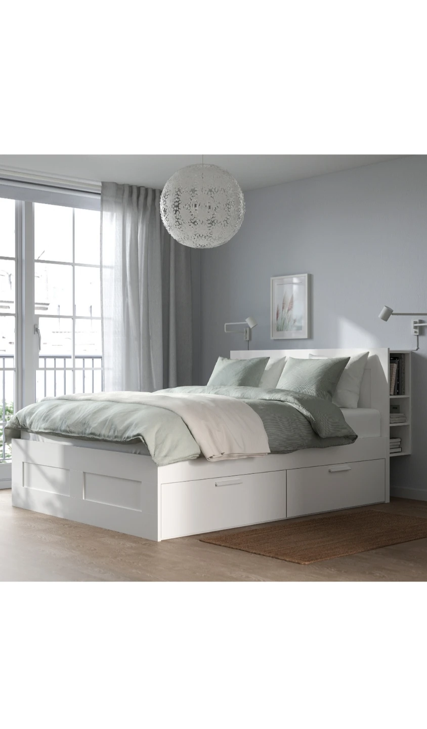 Queen size bed BRIMNES with storage & headboard, white - photo 3