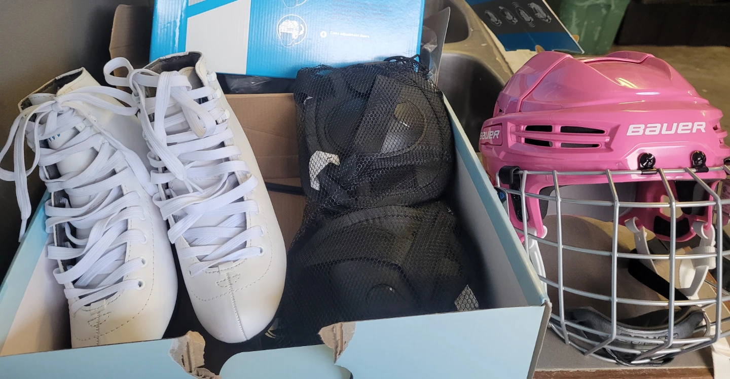 Bauer Hockey Helmet and White Ice Skates