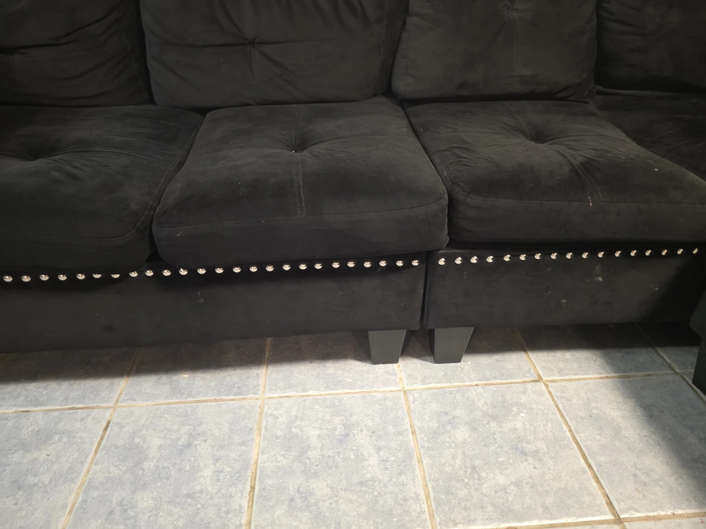 Black Velvet Sectional Couch with Stud Detailing - photo 3