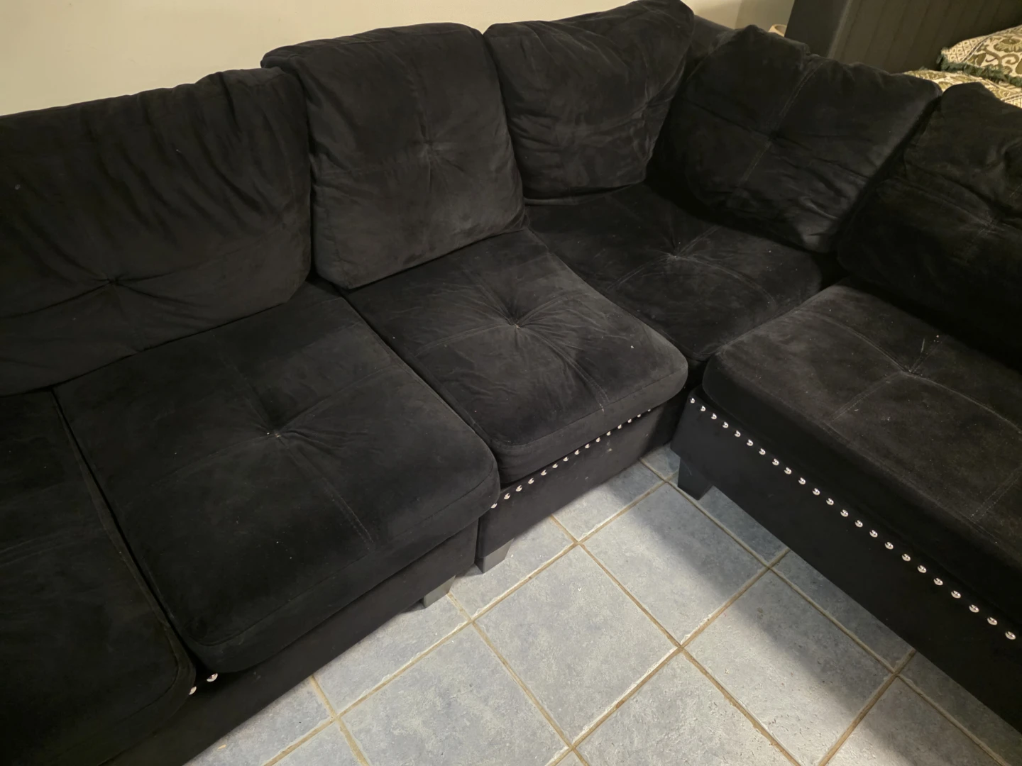 Black Velvet Sectional Couch with Stud Detailing - photo 5