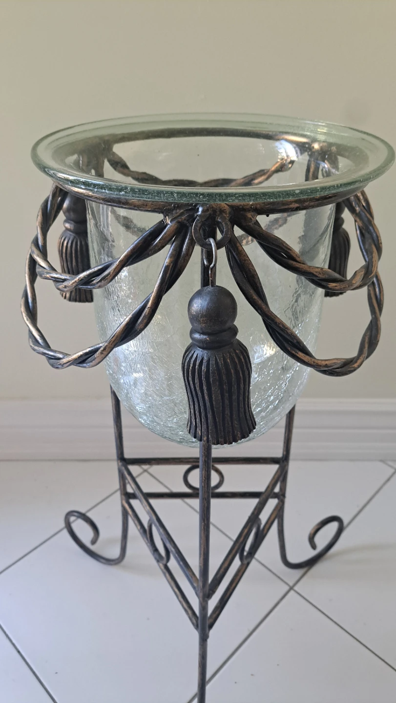 Crackle Glass Vase with Metal Stand and Tassels - photo 3