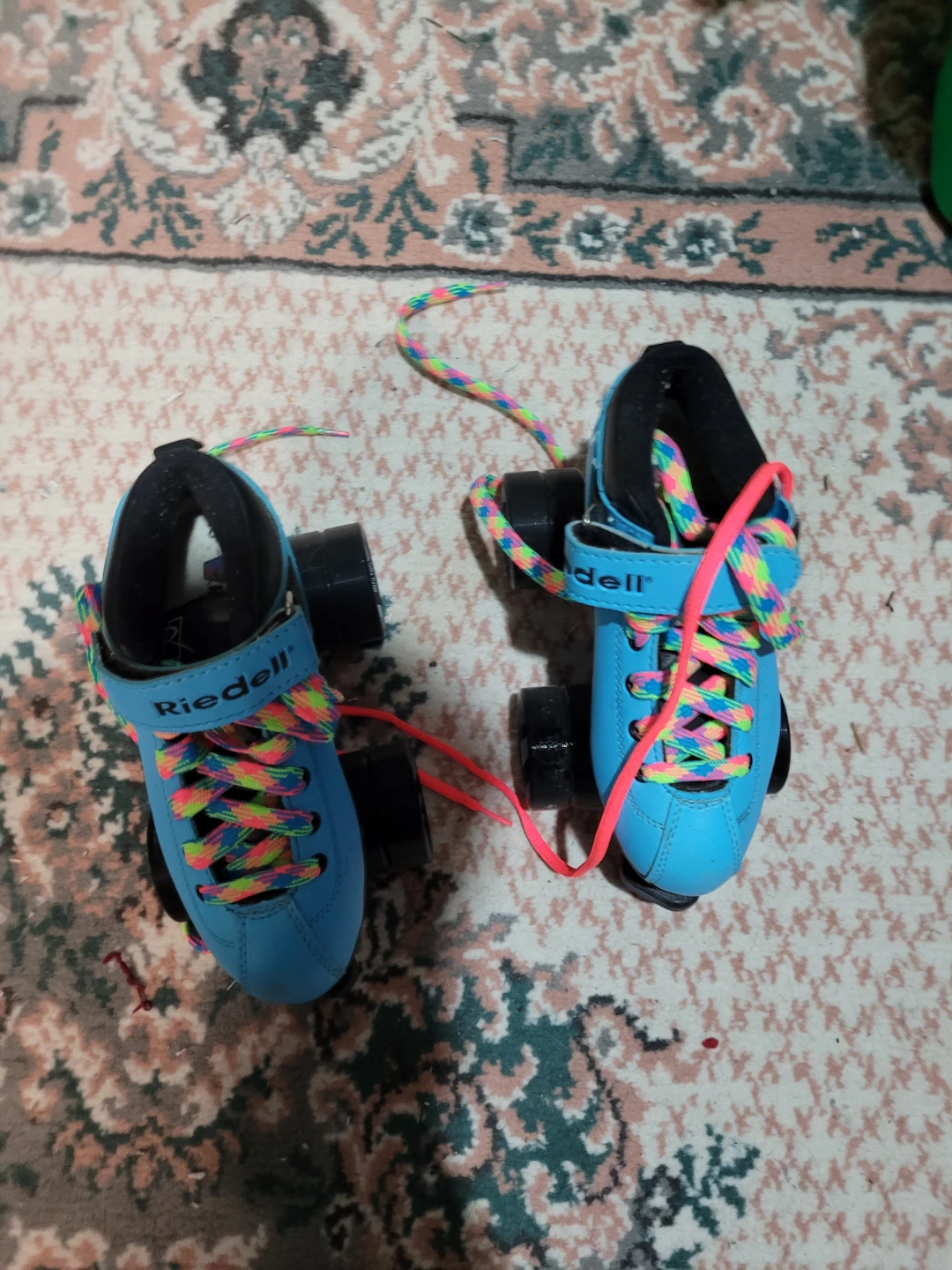 Size 2 Riedell Blue Roller Skates with Rainbow Laces