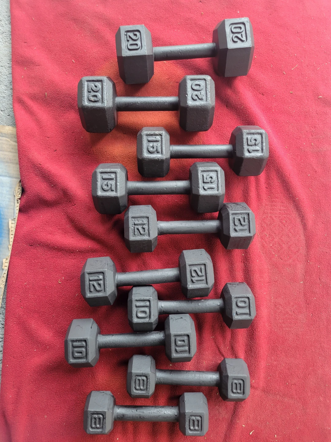 SETS OF 20s. 15s. 12s. 8s. HEXHEAD DUMBBELLS TOTAL 110LBs - photo 2