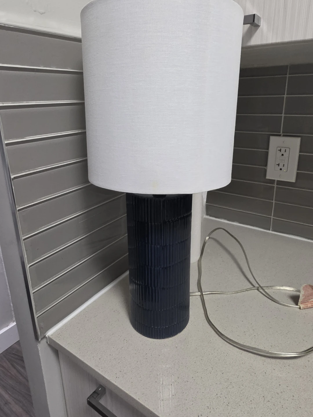 Navy Blue Textured Table Lamp with White Drum Shade - photo 5
