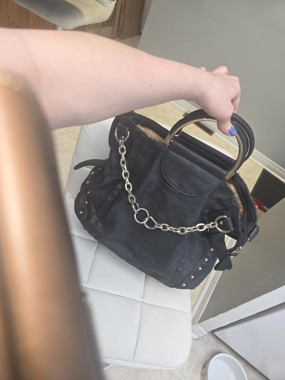 Black Faux Leather Studded Handbag with Silver Chain Accents - photo 3