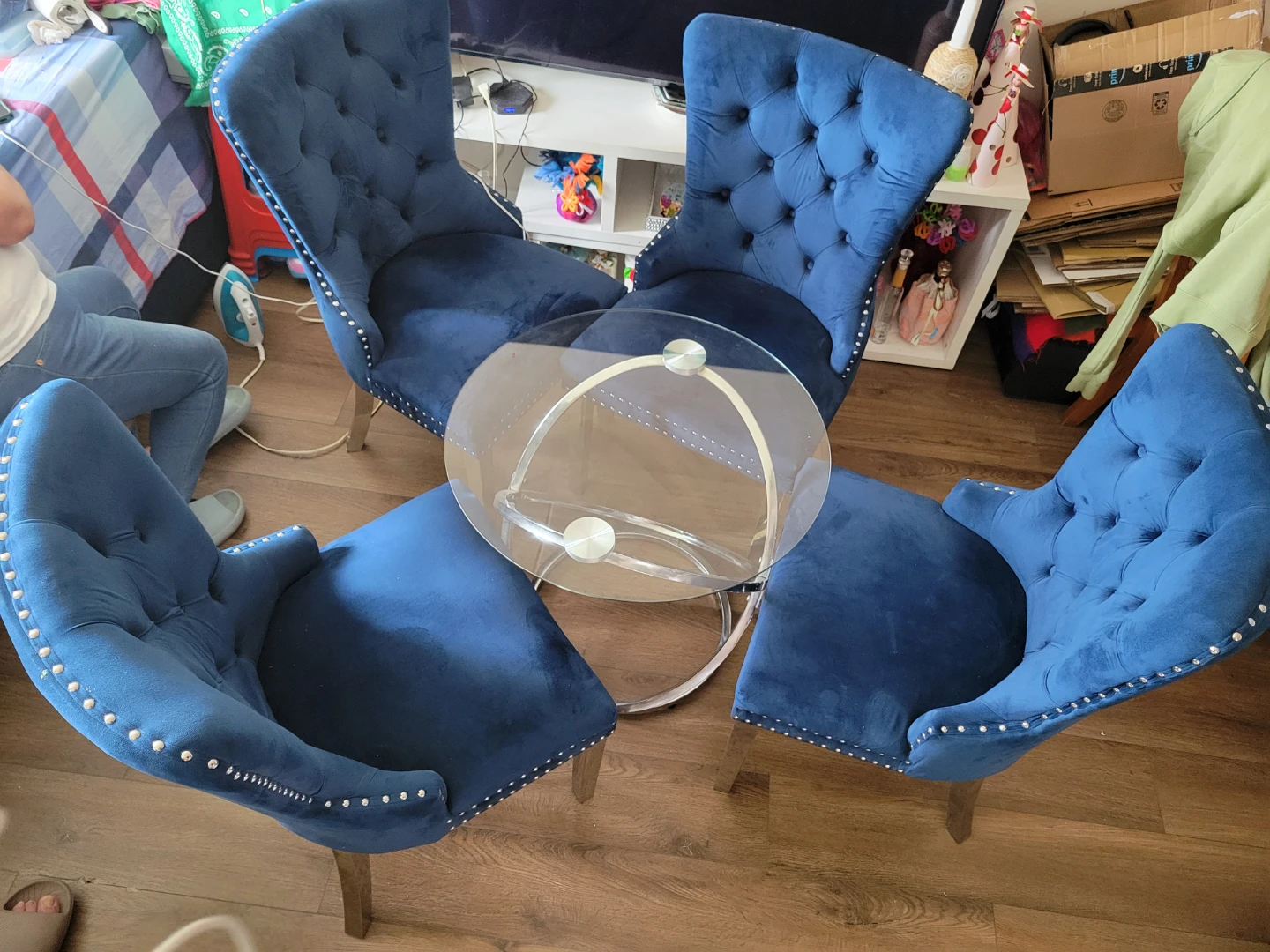 Set of 4 Blue Velvet Accent Chairs with Round Glass Coffee Table