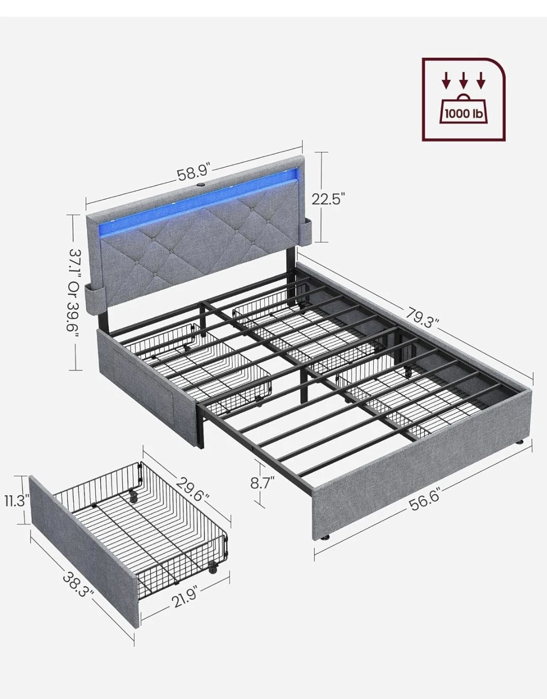 Full Size Bed Frame with 4 Storage Drawers and LED Lights - photo 2