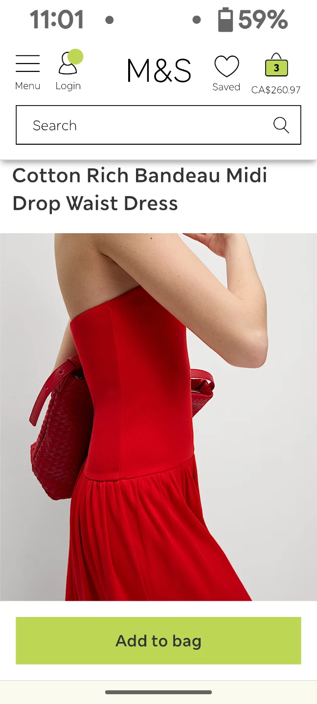 M&S Cotton Rich Bandeau Midi Drop Waist Dress