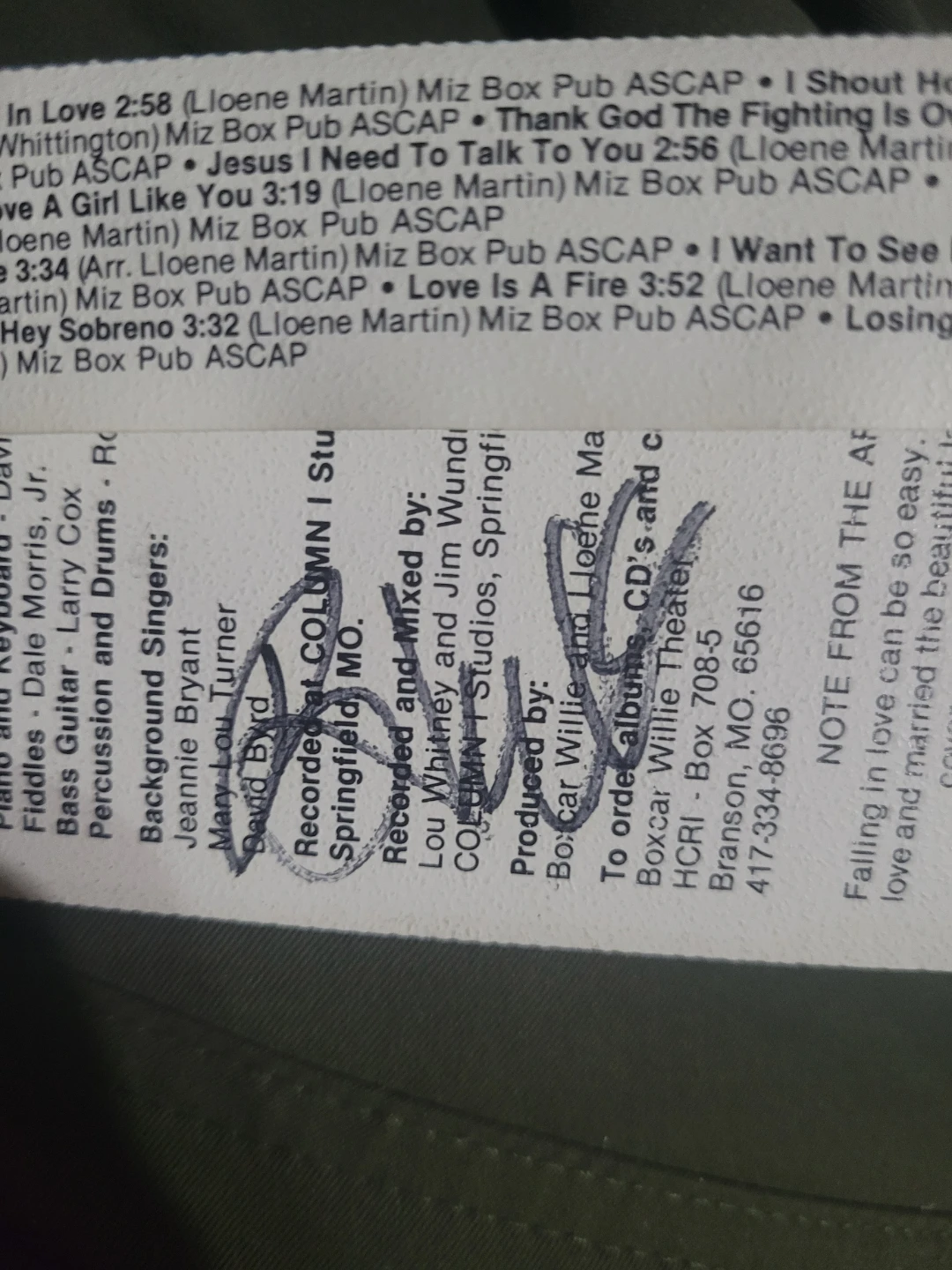 Boxcar Willie signature on cassette tape sleeve - photo 2