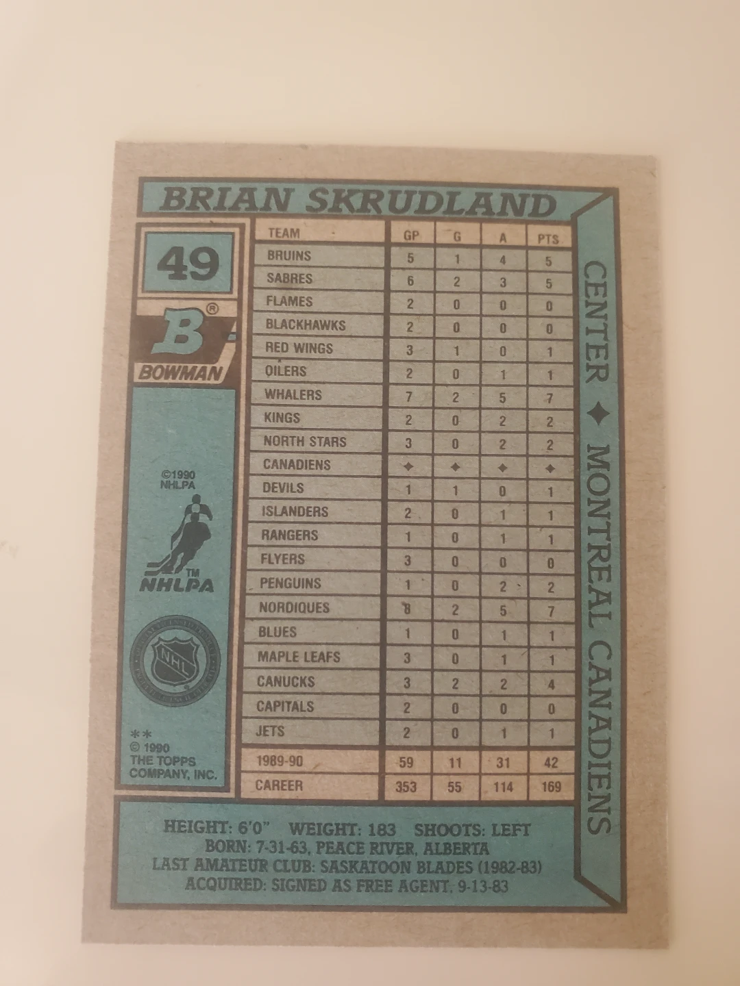1990 Bowman Brian Skrudland Hockey Card - photo 2