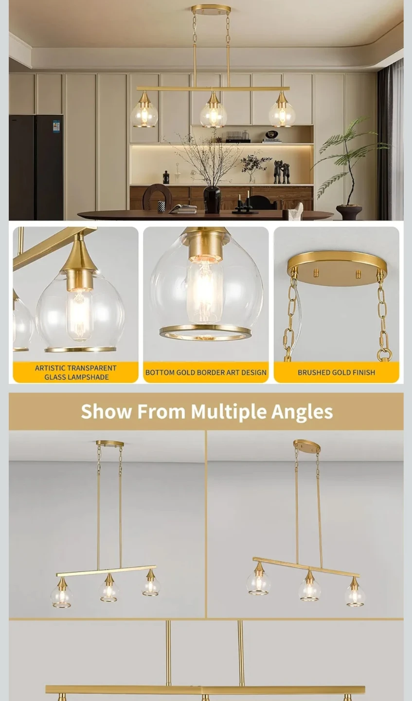 3-Light Brass Pendant Light Fixture with Glass Shades - photo 4