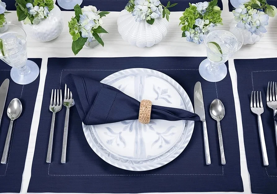 Solino Home Hemstitch Navy Blue Linen Placemats (Set of 4)