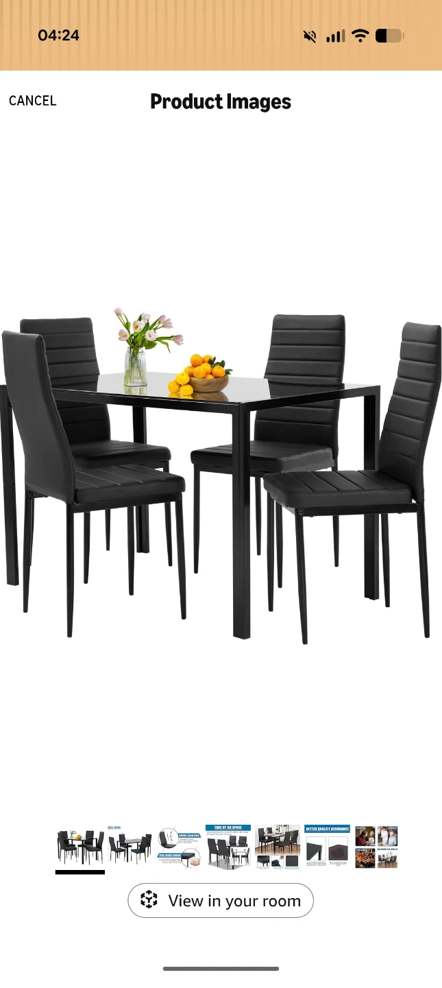 Black Glass Dining Table with 5 Chairs Set