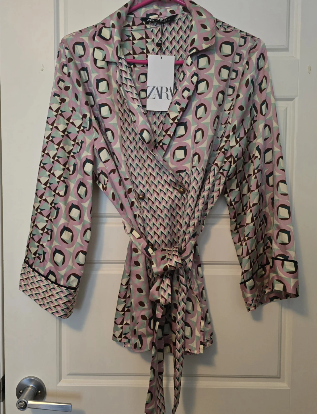 ZARA Women's Geometric Print Belted Blouse