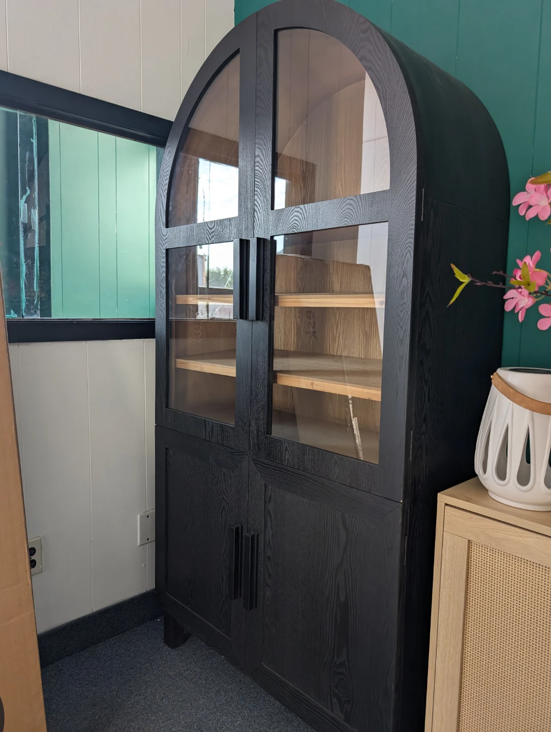Black Arched Display Cabinet with Glass Doors