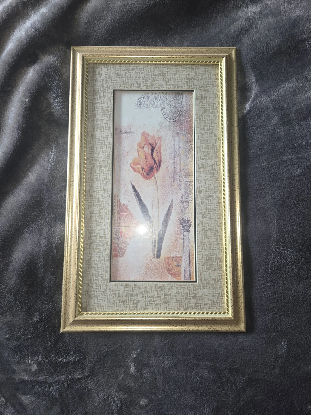 Gold Tone Decorative Picture Frame with Tulip Art