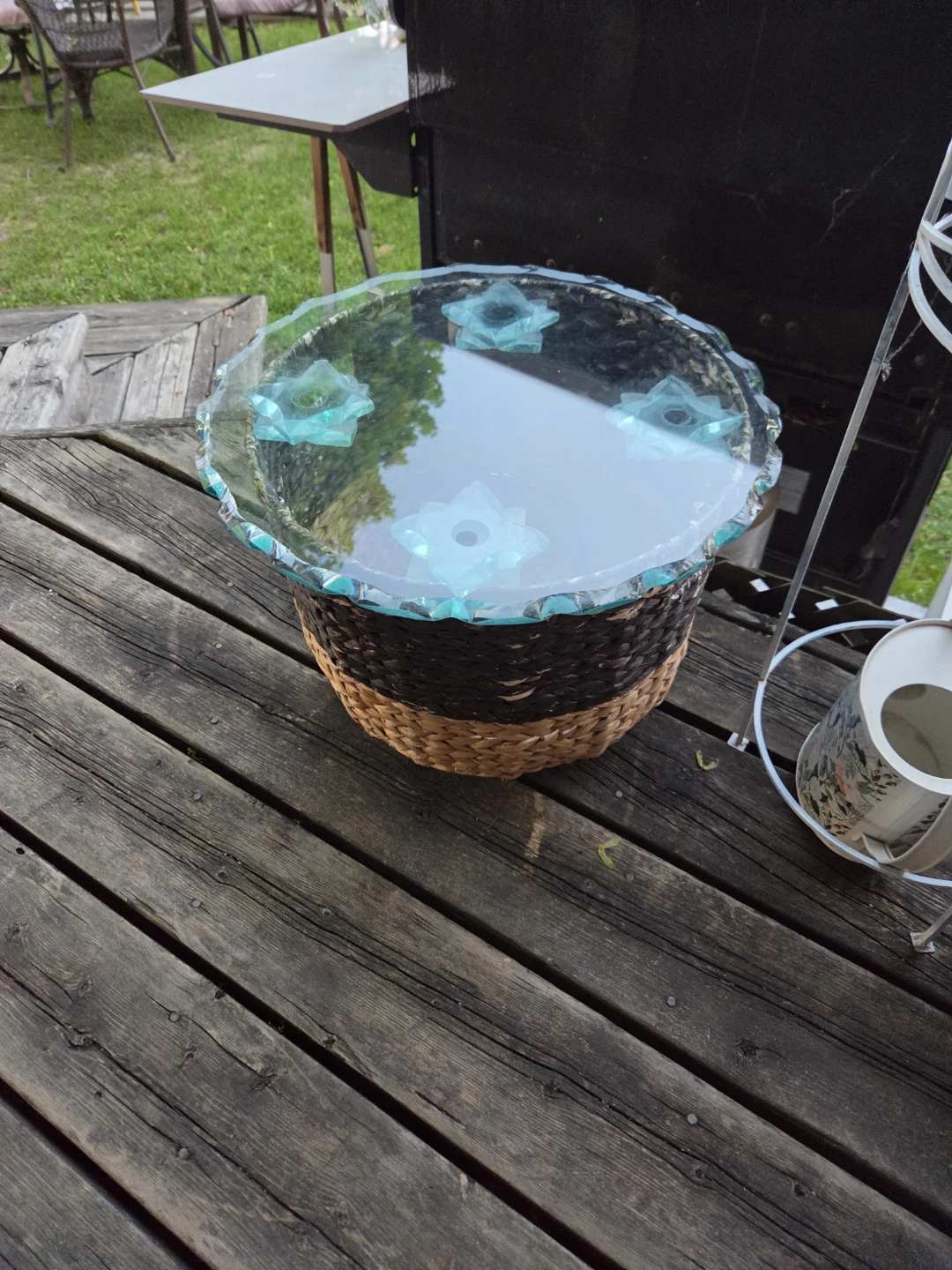 Woven Basket Side Table with Glass Top