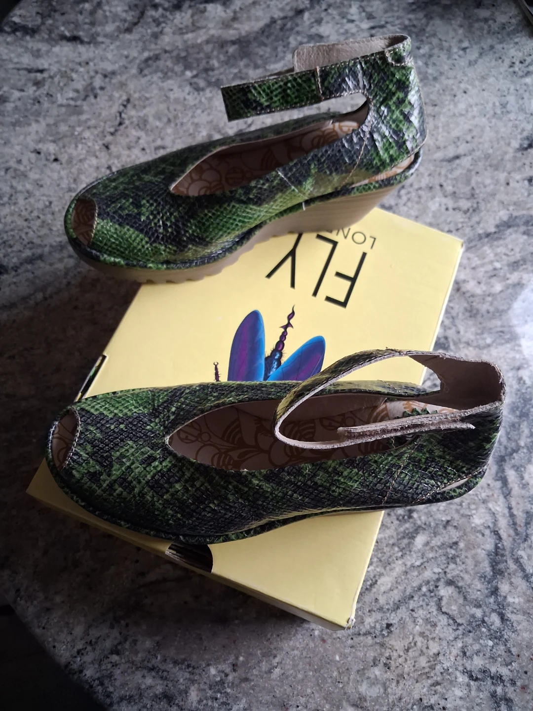 FLY LONDON Green Snake Print Wedge Peep-Toe Shoes
