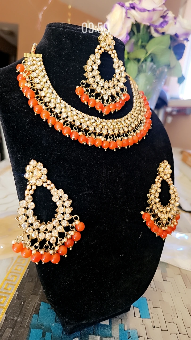 Gold-tone Necklace and Earring Set with Orange Beads