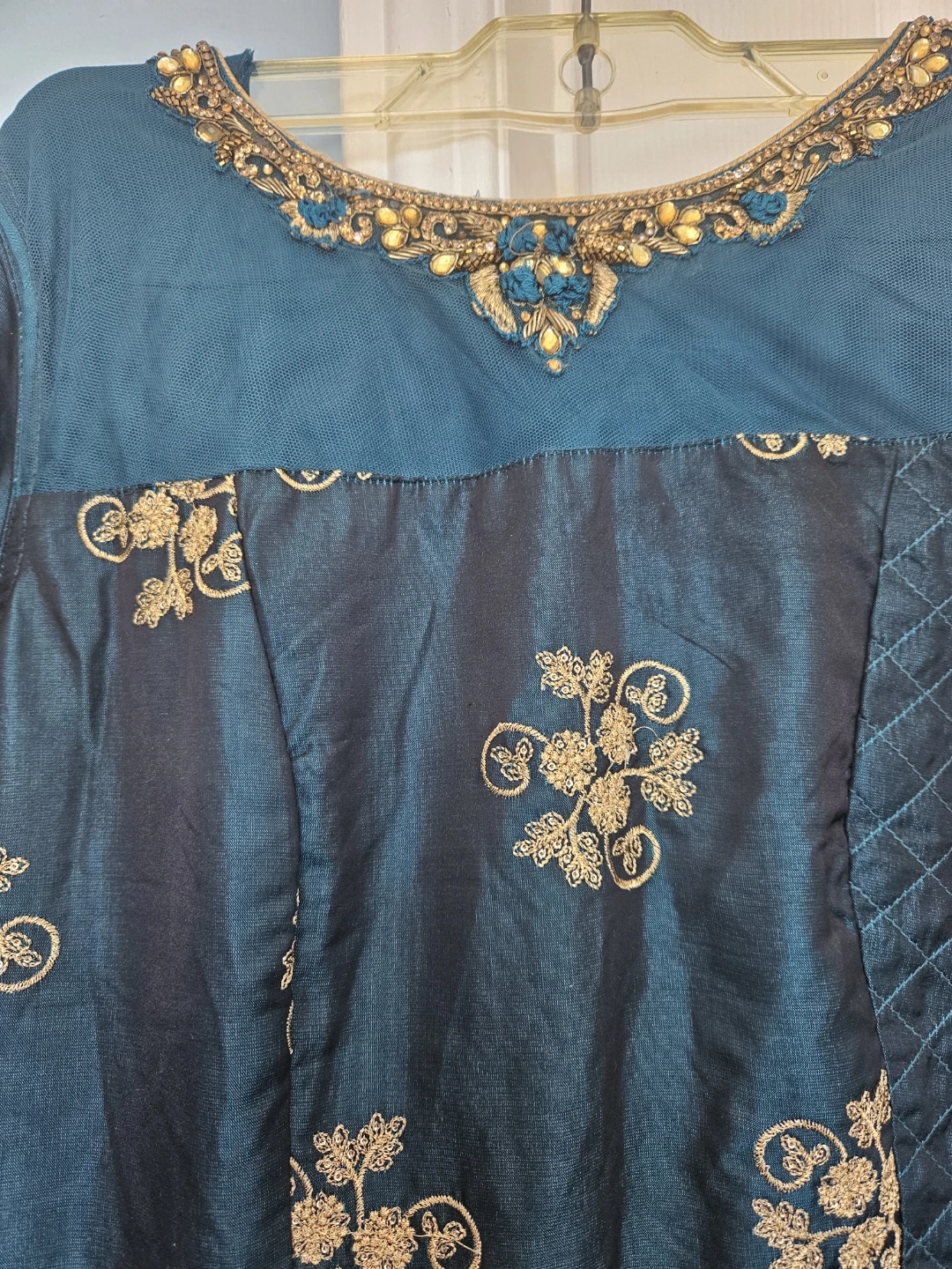 Elegant Teal Party Wear Dress – Gold Embroidery - photo 3