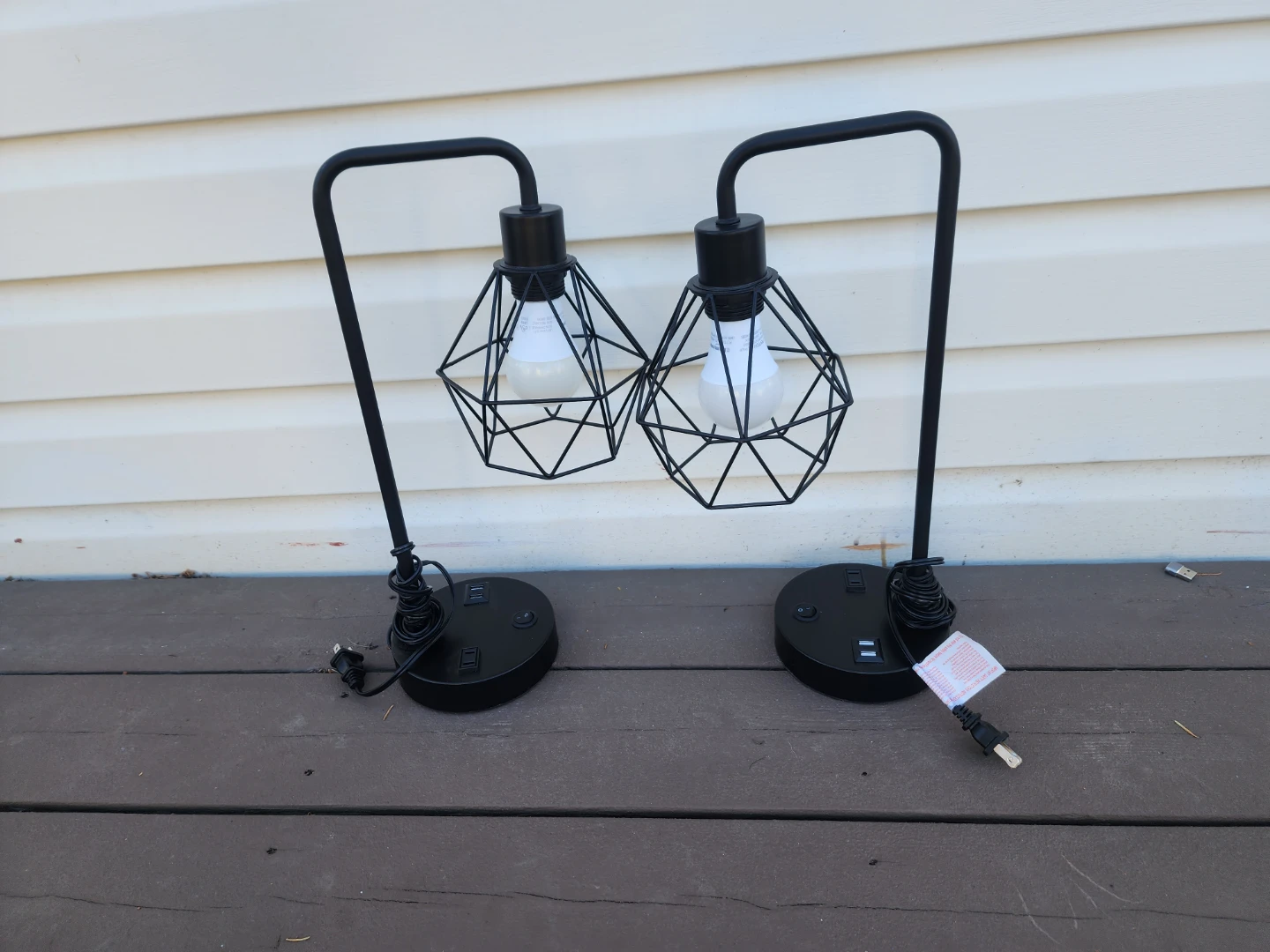 Set of 2 Black Industrial Cage Desk Lamps with USB Ports