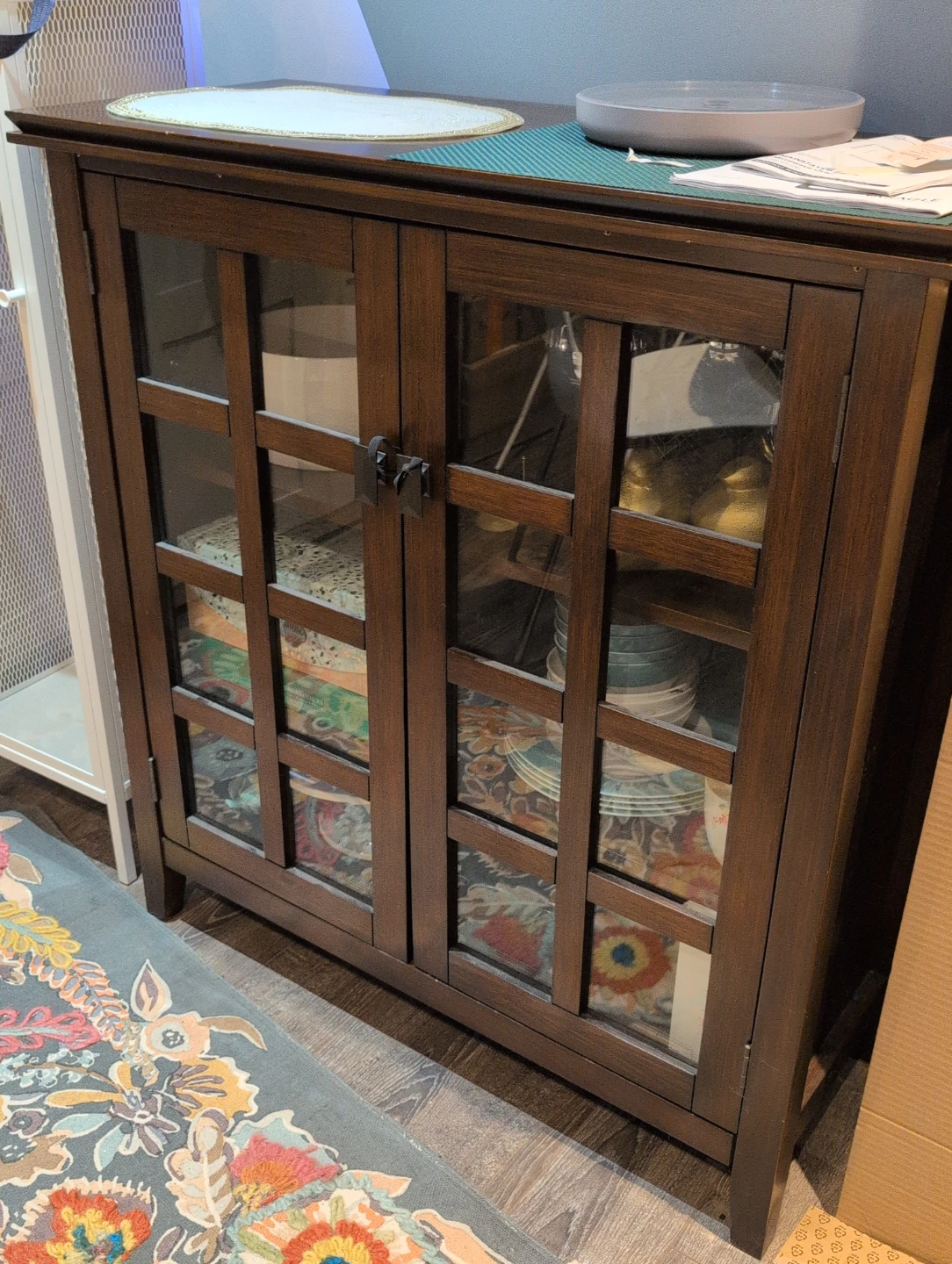 Dark Wood Display Cabinet with Glass Doors