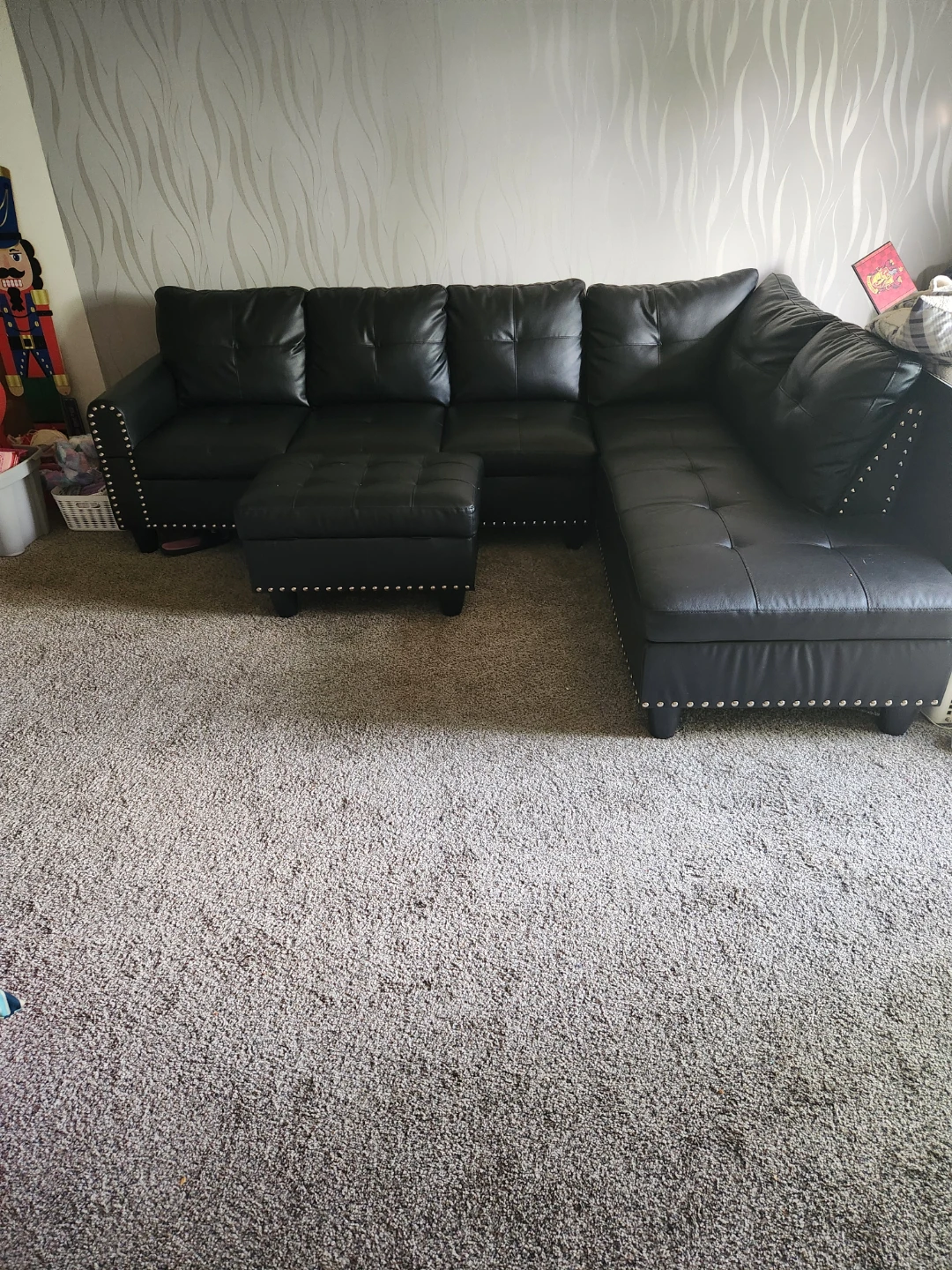 Black Faux Leather Sectional Sofa with Ottoman - photo 3