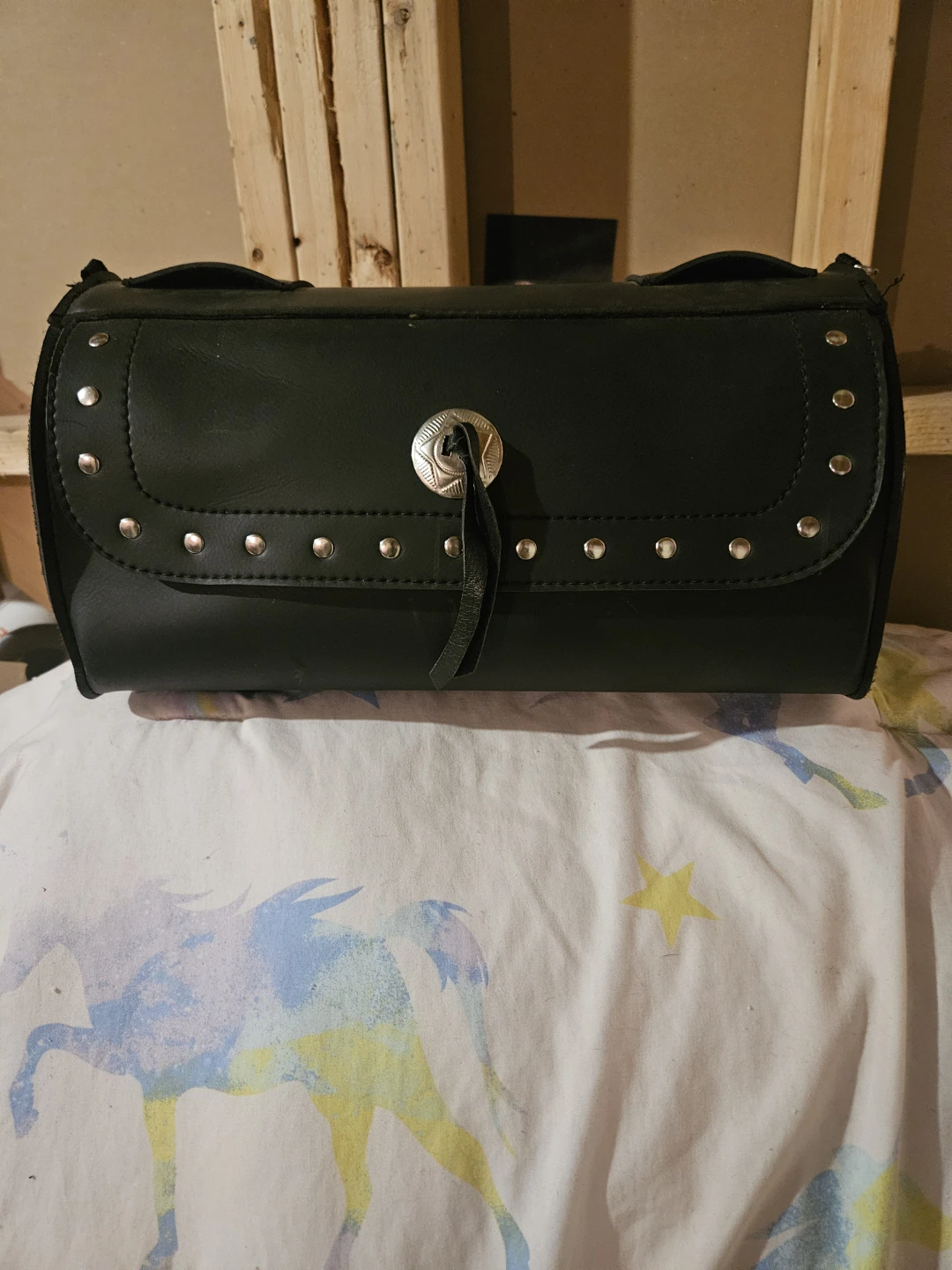 Black Leather Motorcycle Saddlebag with Studs