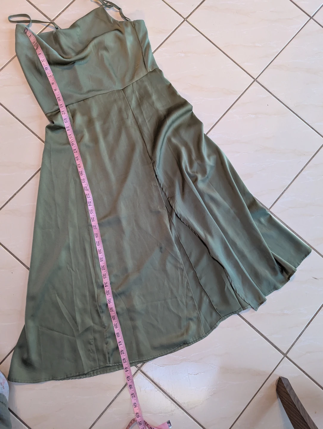 Olive Green Satin Midi Dress with Slit - photo 4