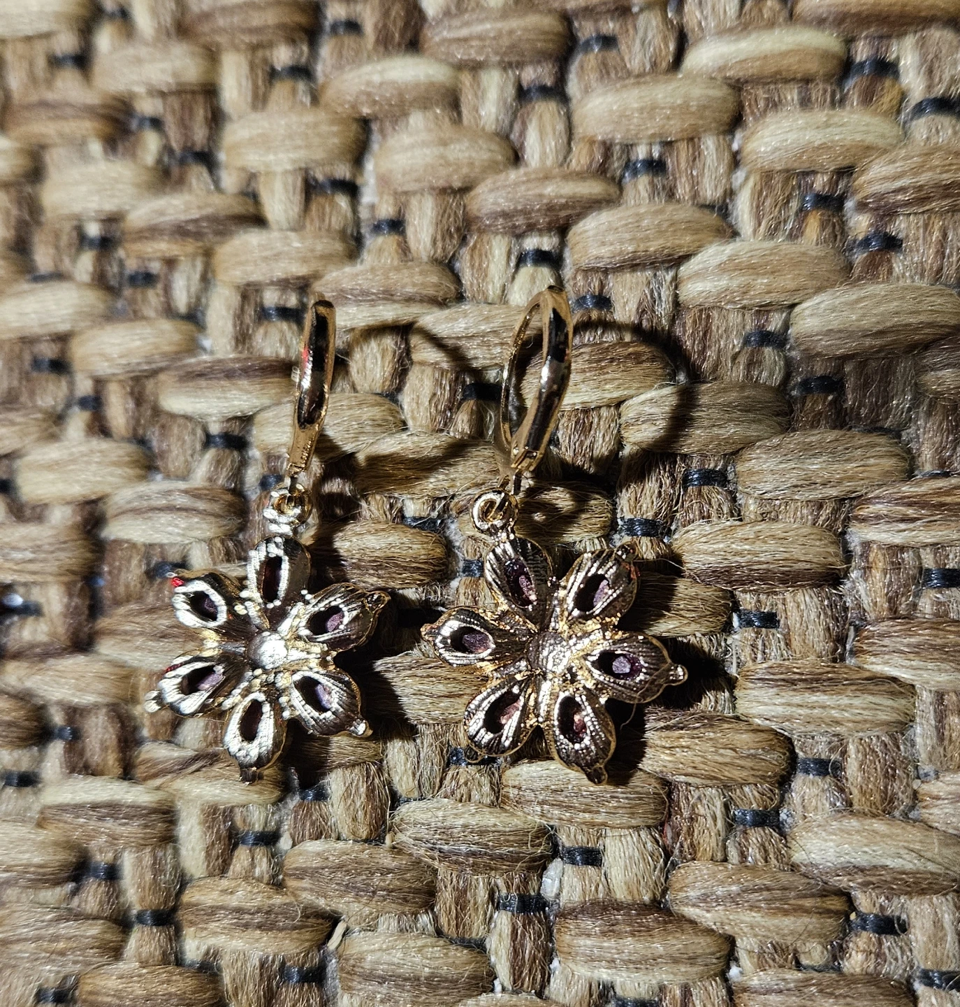 Gold Tone Flower Earrings with Purple Gemstones - photo 2
