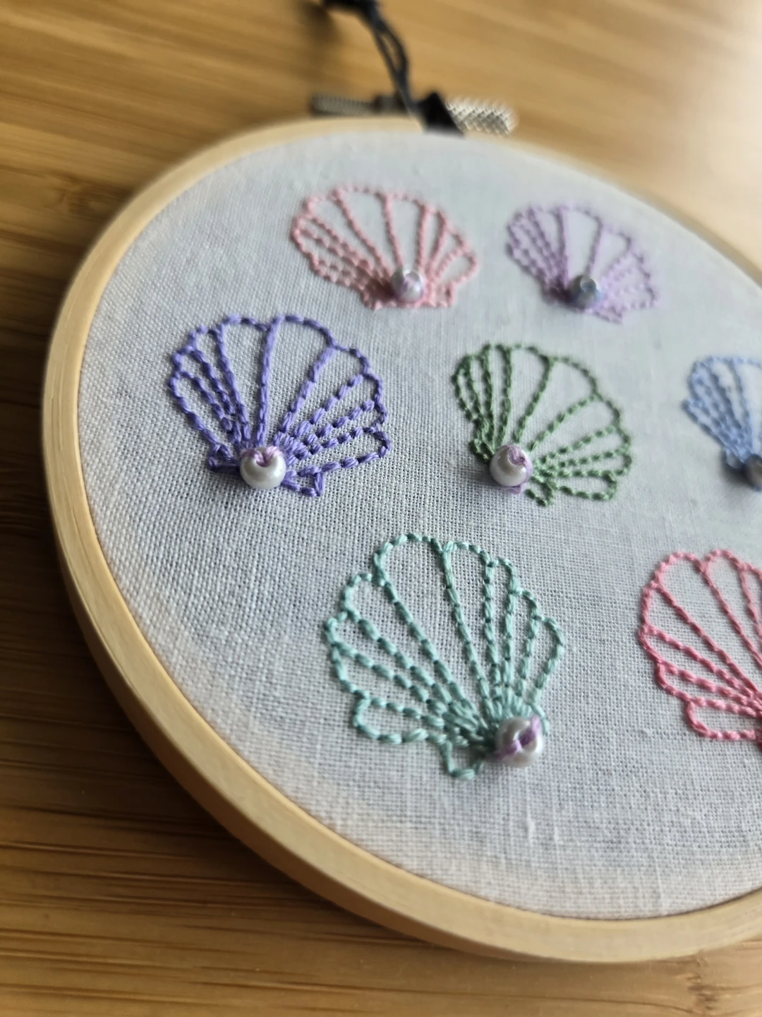 Handmade Embroidered Shell 4inch Hoop Art