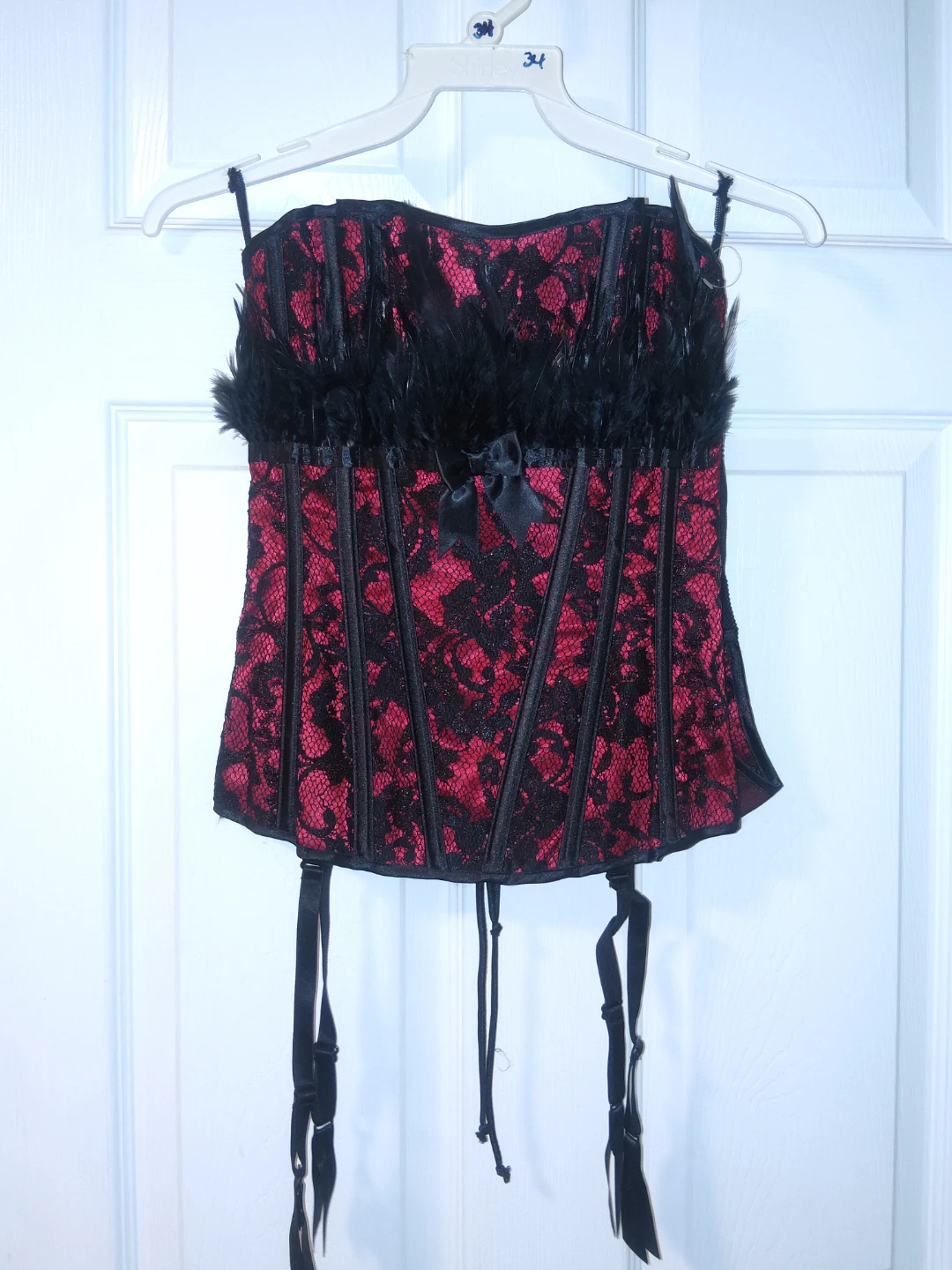 BRAND NEW*Red and Black Lace Corset with Feathers