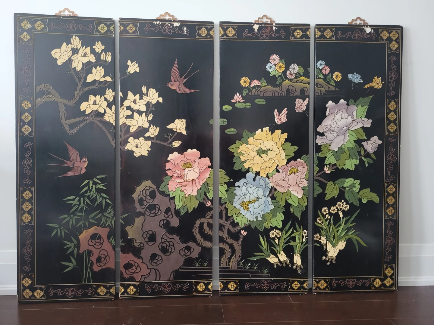 Set of 4 Vintage Asian Decorative Wall Panels
