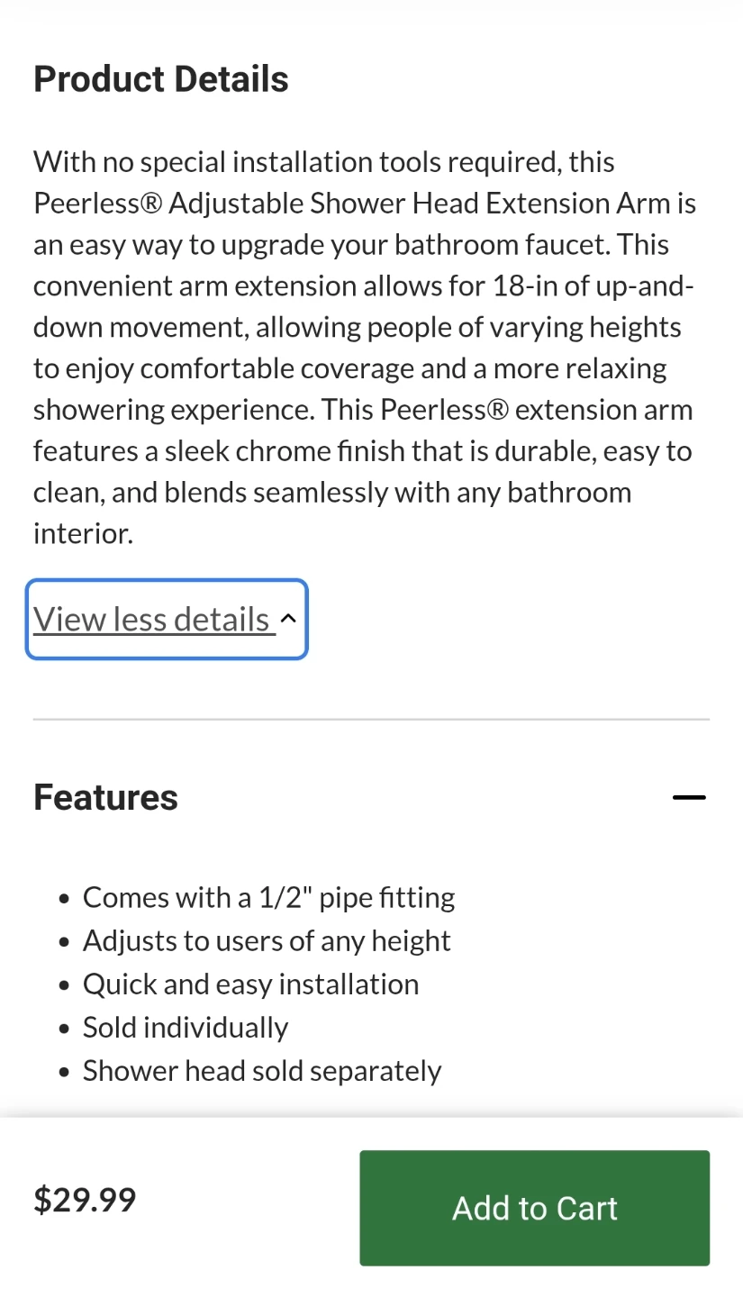 Brand New Peerless® Adjustable Shower Head Extension Arm - photo 2
