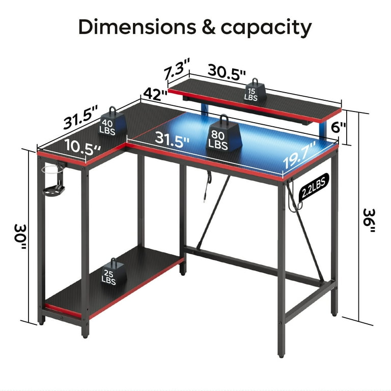 42" Reversible L-Shaped Gaming Desk