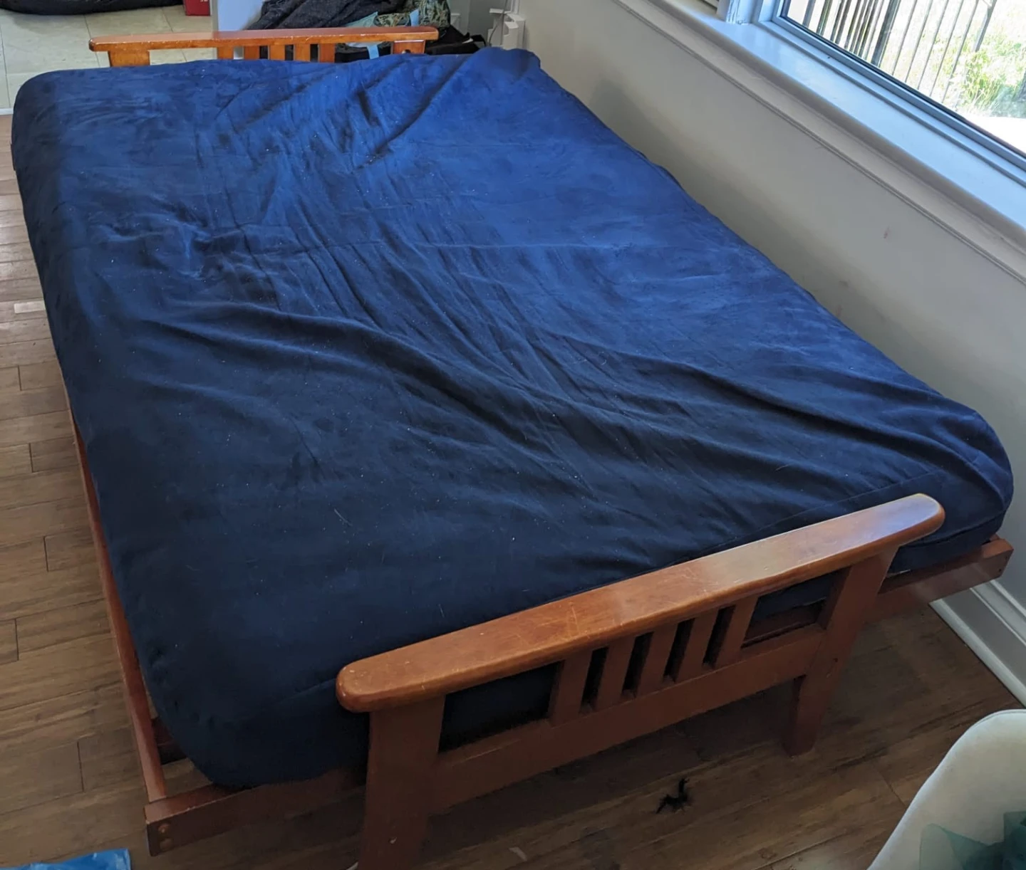 Wooden Futon Frame with Dark Blue Mattress - photo 2