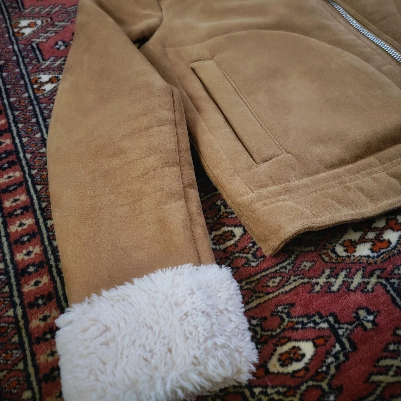 Tan Suede Sherpa Lined Jacket with Collar - photo 4