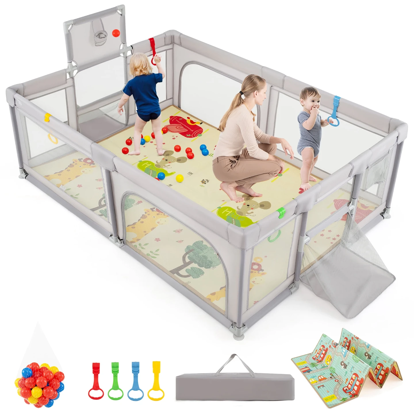 Gymax Baby Playpen Large Safe Play Yard Light Grey - photo 2