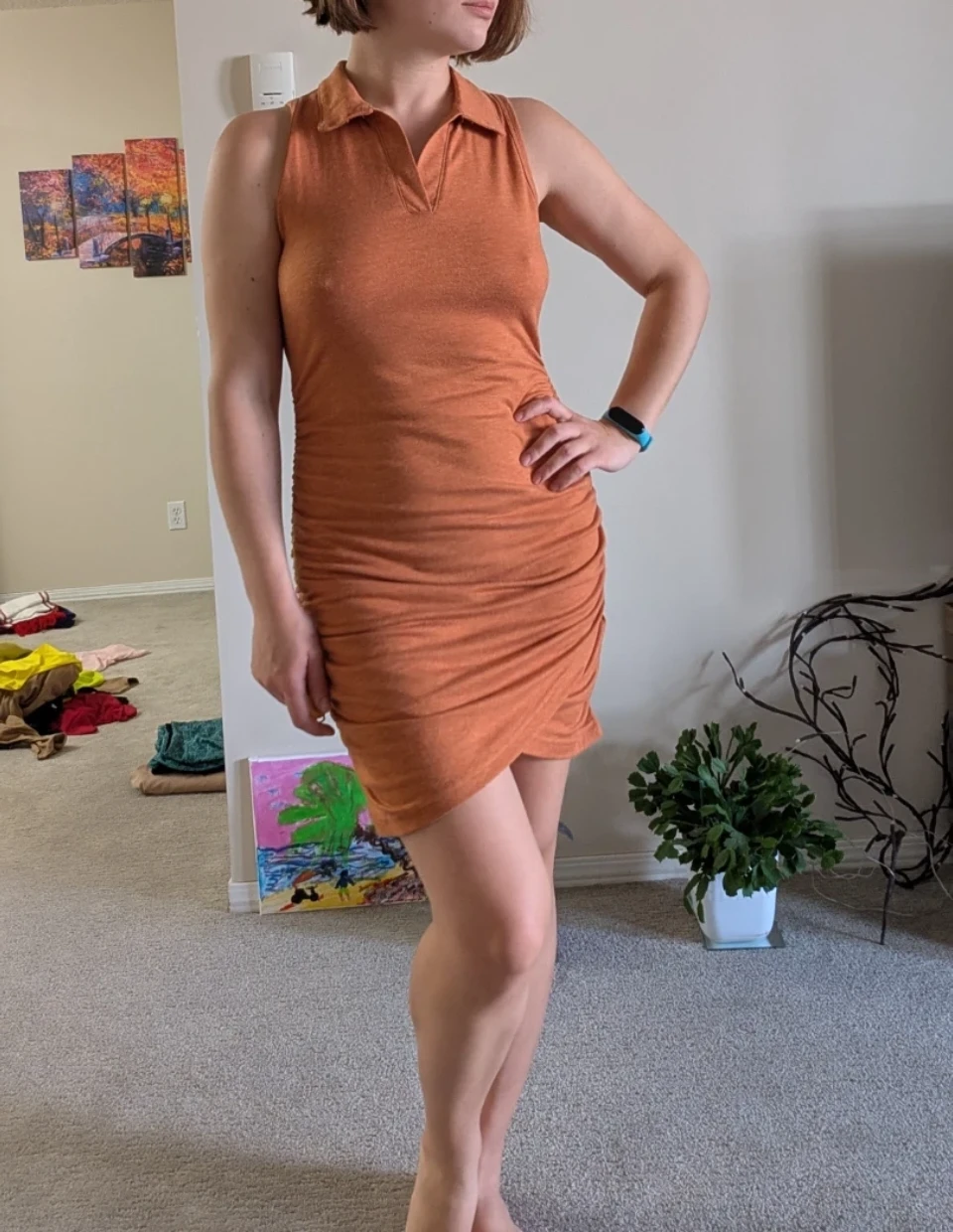 Orange Ruched Sleeveless Collared Dress